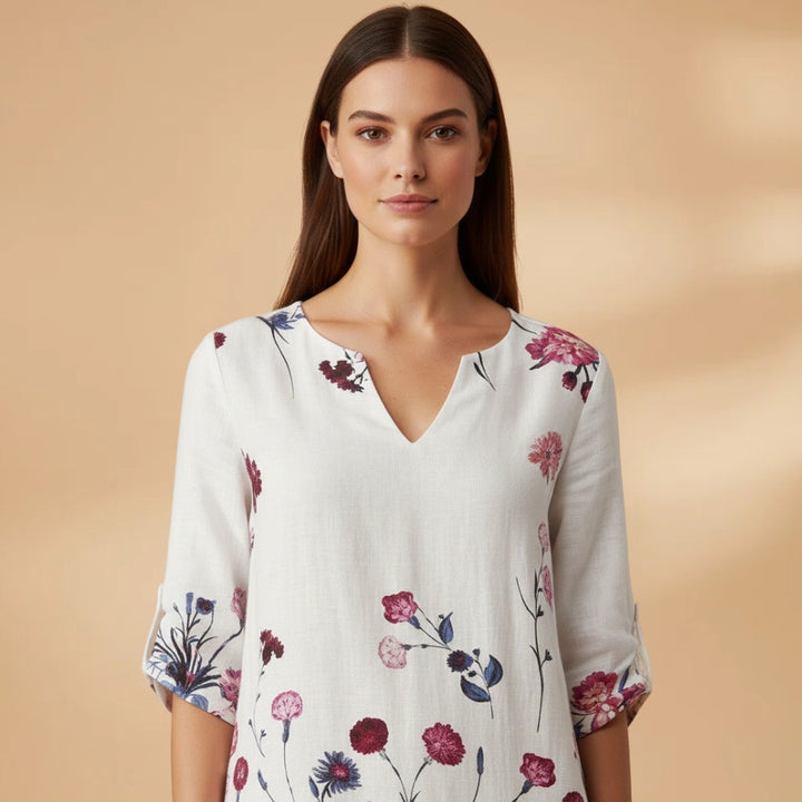 Leonor | Vestido Midi Estampado de Verão Mulher Decote V