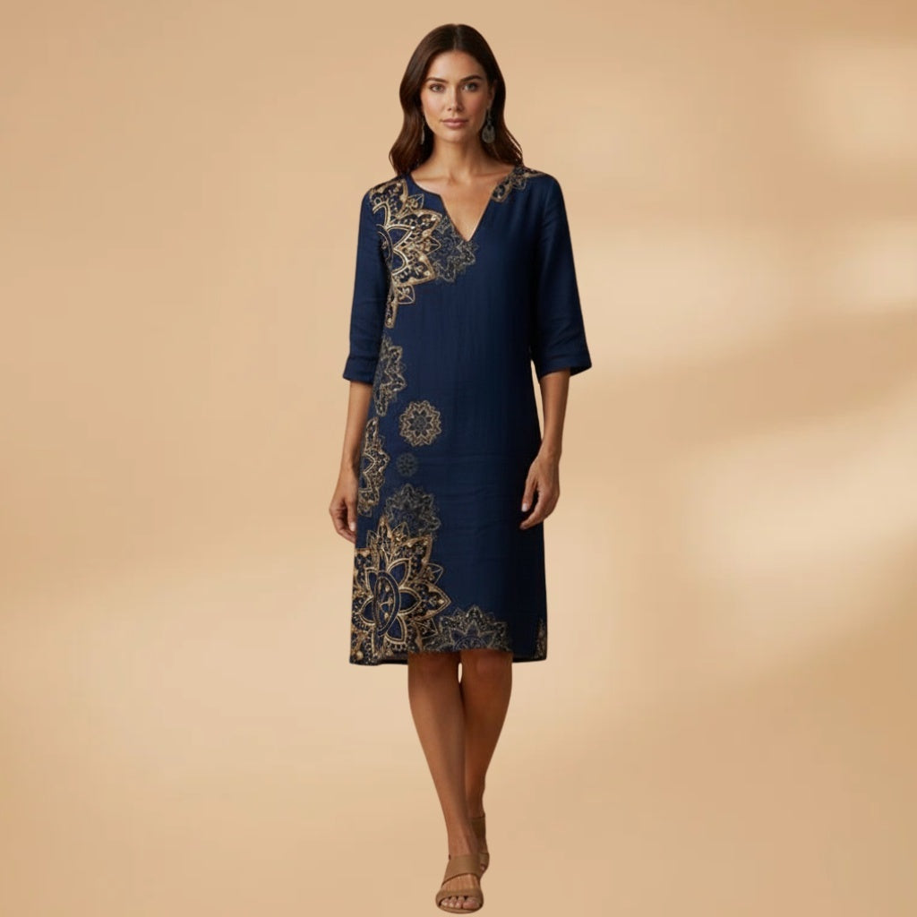 Leonor | Vestido Midi Estampado de Verão Mulher Decote V