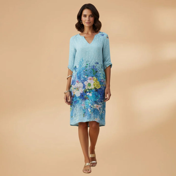 Leonor | Vestido Midi Estampado de Verão Mulher Decote V