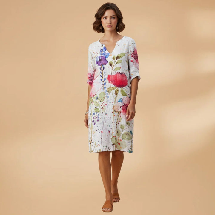 Leonor | Vestido Midi Estampado de Verão Mulher Decote V