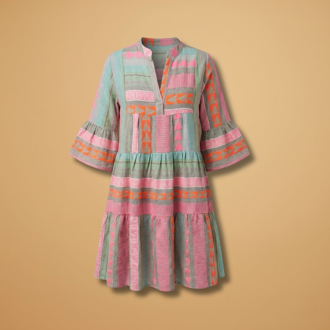 Francisca | Vestido Midi Estampado de Verão Mulher Manga 3/4