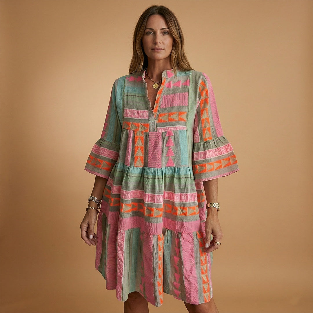 Francisca | Vestido Midi Estampado de Verão Mulher Manga 3/4