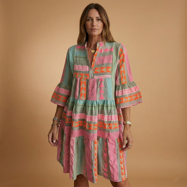 Francisca | Vestido Midi Estampado de Verão Mulher Manga 3/4