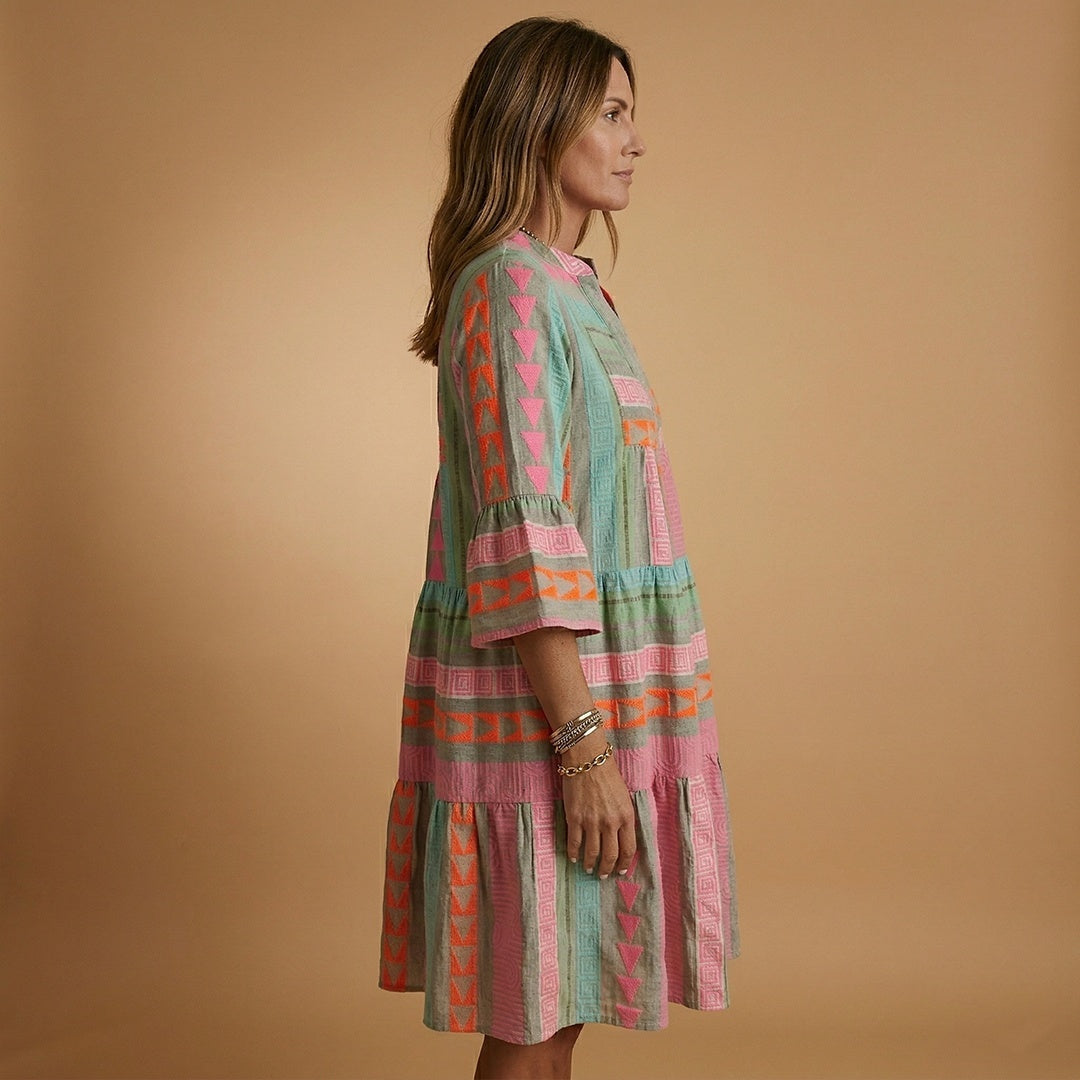 Francisca | Vestido Midi Estampado de Verão Mulher Manga 3/4