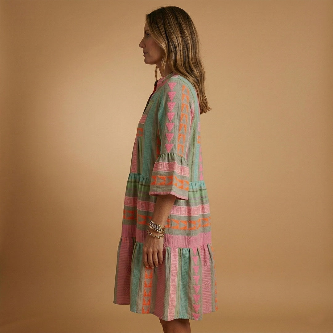 Francisca | Vestido Midi Estampado de Verão Mulher Manga 3/4