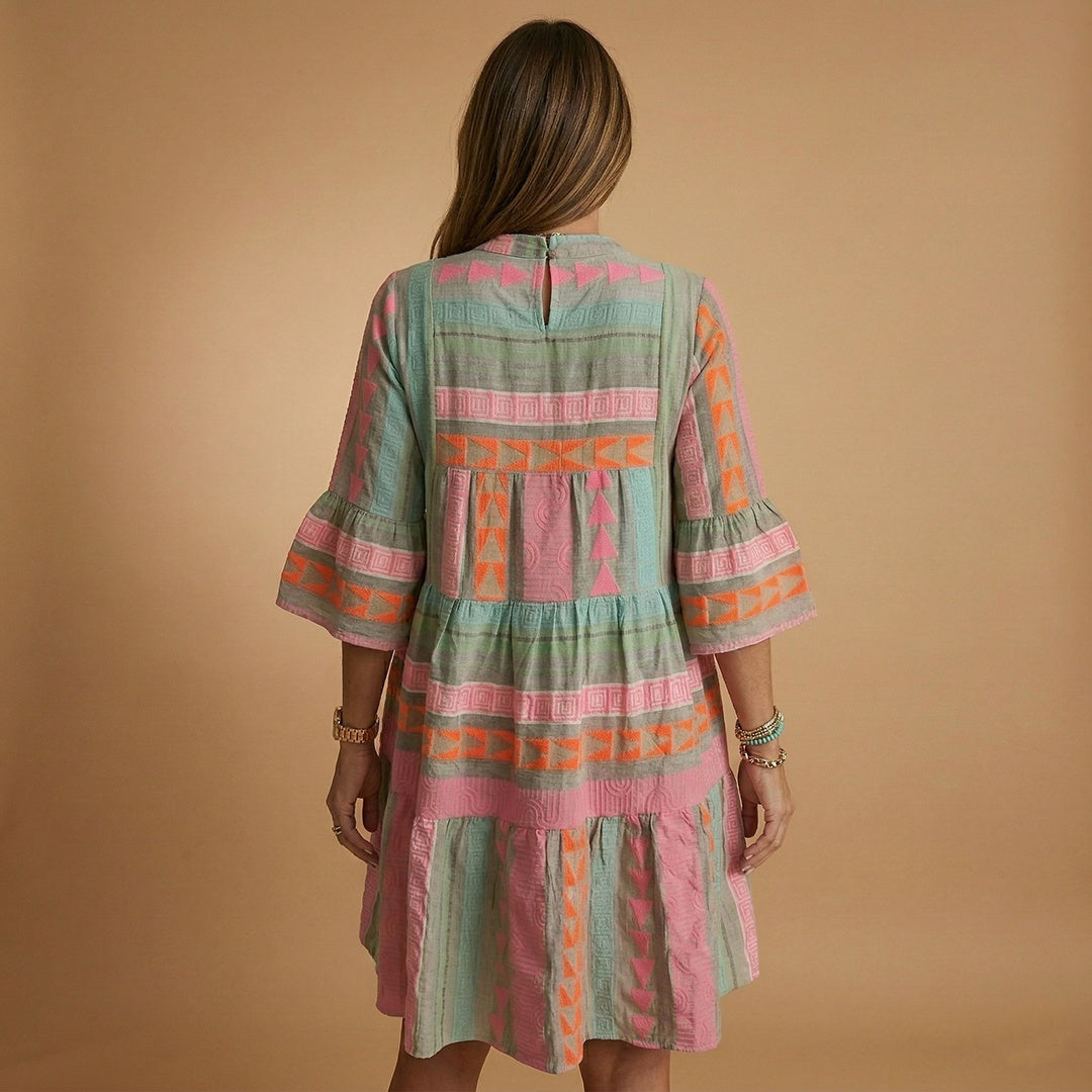 Francisca | Vestido Midi Estampado de Verão Mulher Manga 3/4