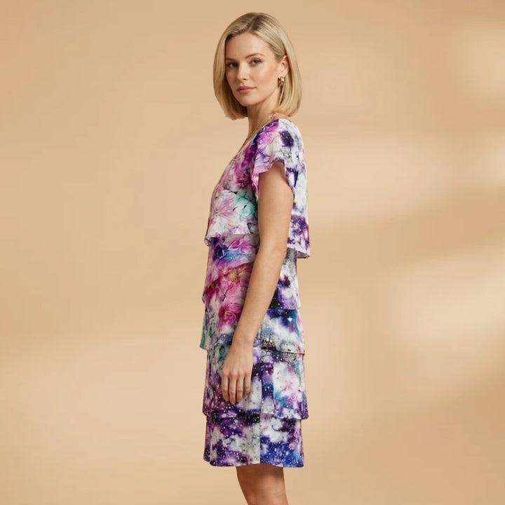 Patrícia | Vestido Midi Estampado Floral Camadas Mulher