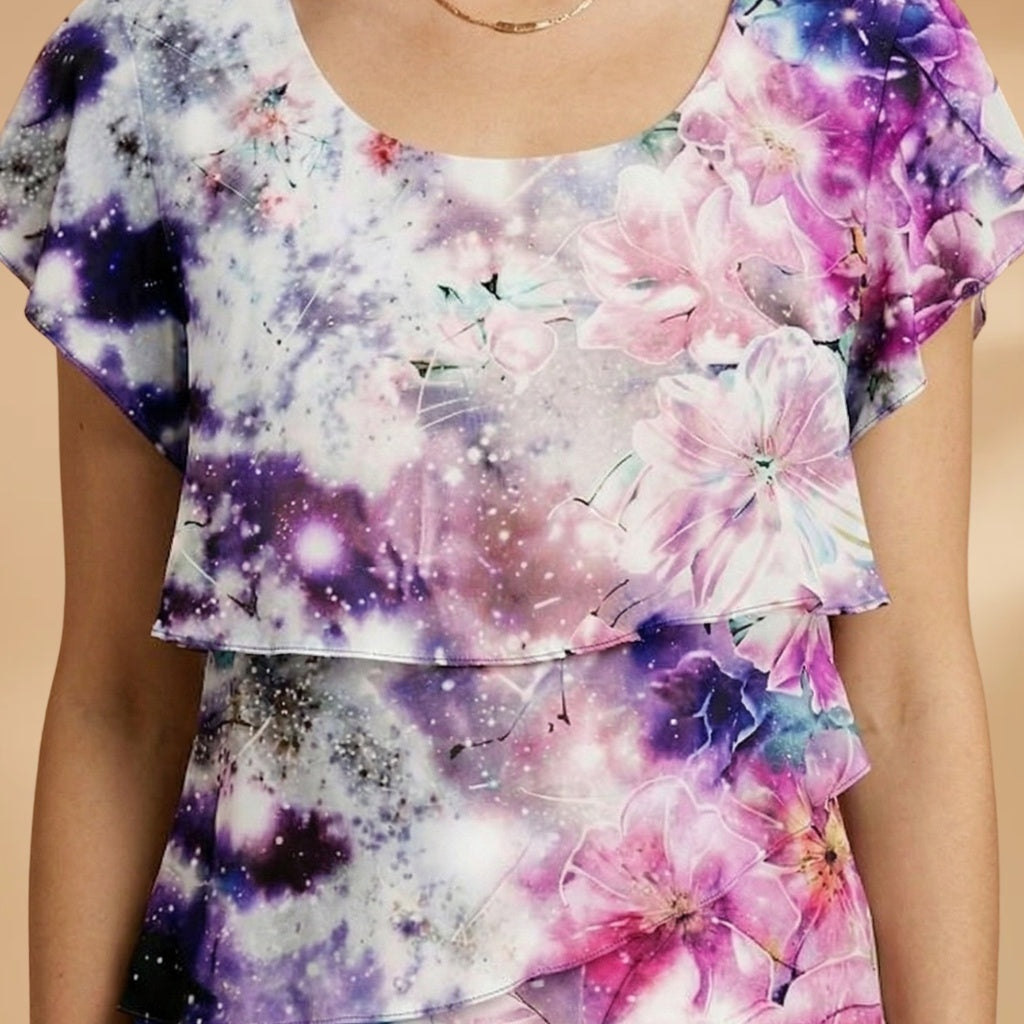 Patrícia | Vestido Midi Estampado Floral Camadas Mulher