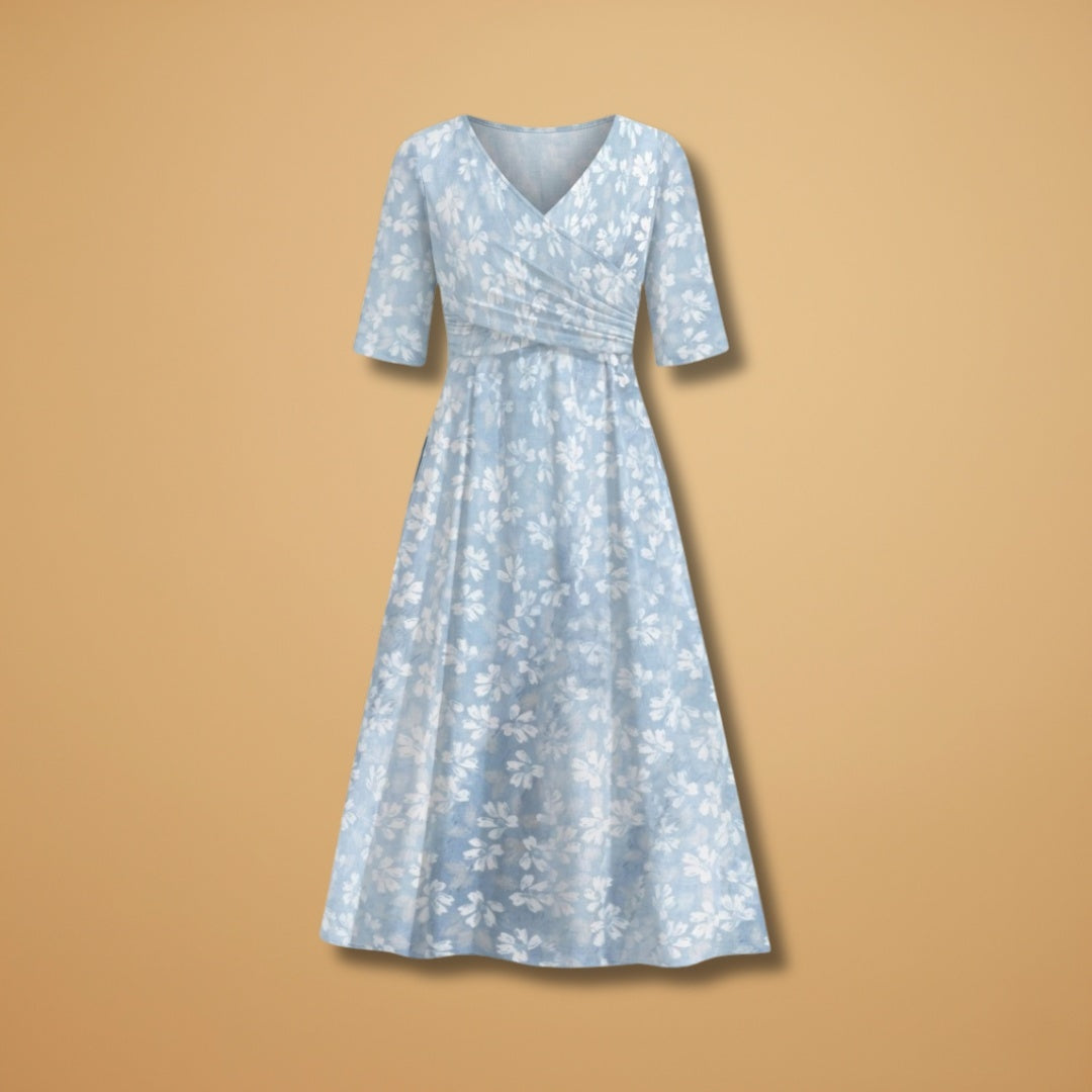 Lúcia | Vestido Midi Estampado Floral Mulher Decote V