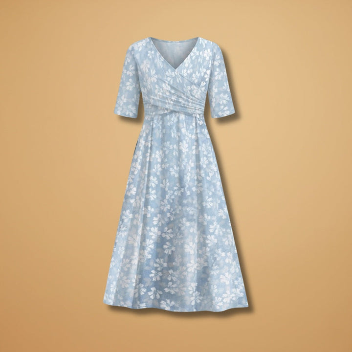 Lúcia | Vestido Midi Estampado Floral Mulher Decote V