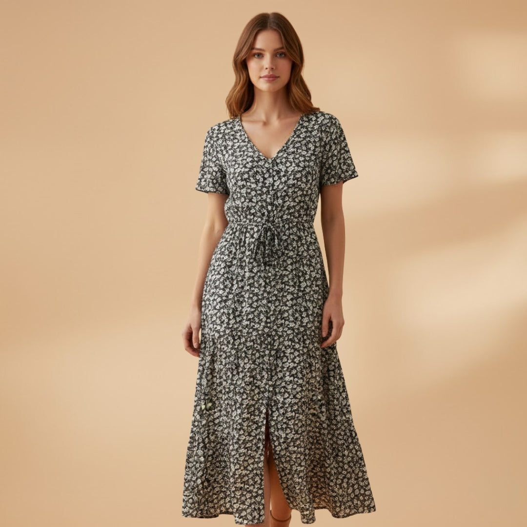 Liliana | Vestido Midi Estampado Floral Mulher Decote V