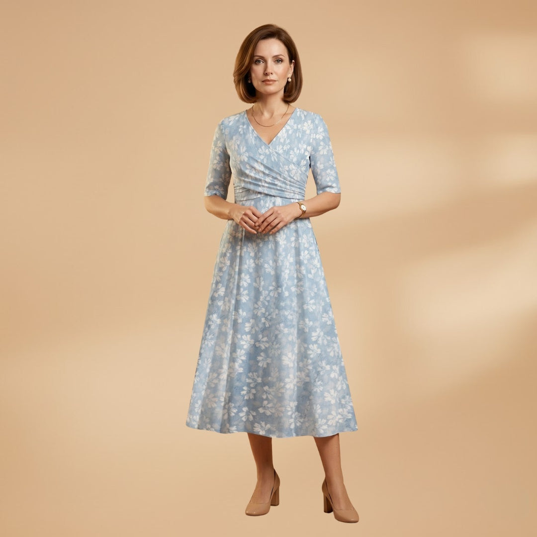 Lúcia | Vestido Midi Estampado Floral Mulher Decote V