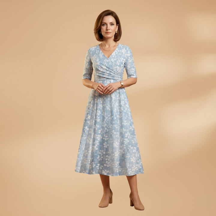 Lúcia | Vestido Midi Estampado Floral Mulher Decote V