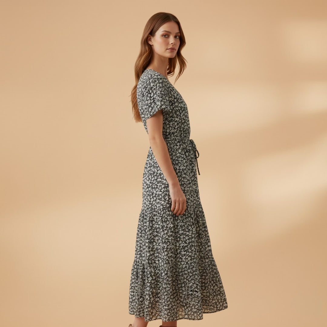 Liliana | Vestido Midi Estampado Floral Mulher Decote V