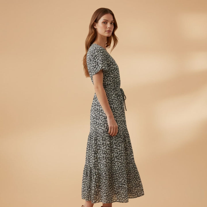 Liliana | Vestido Midi Estampado Floral Mulher Decote V