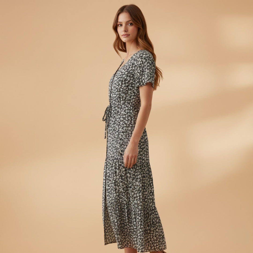 Liliana | Vestido Midi Estampado Floral Mulher Decote V