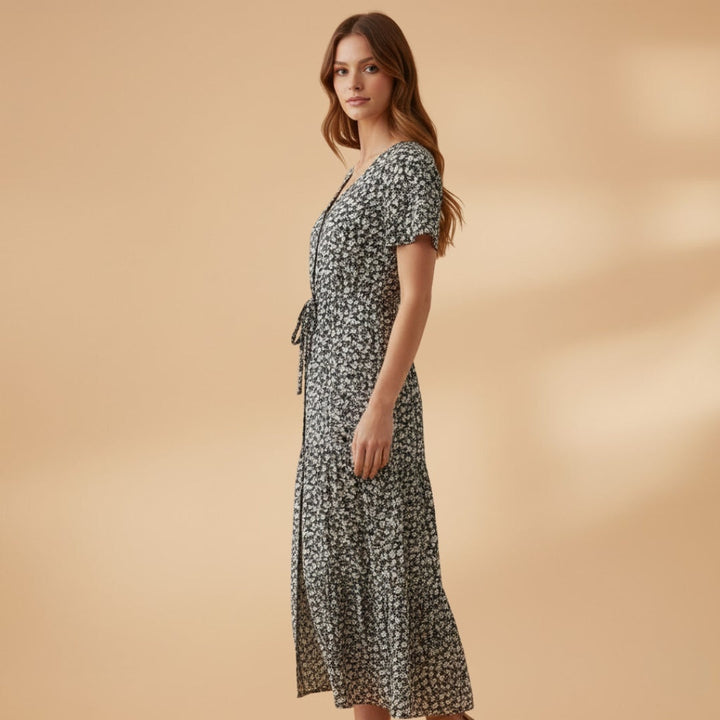 Liliana | Vestido Midi Estampado Floral Mulher Decote V