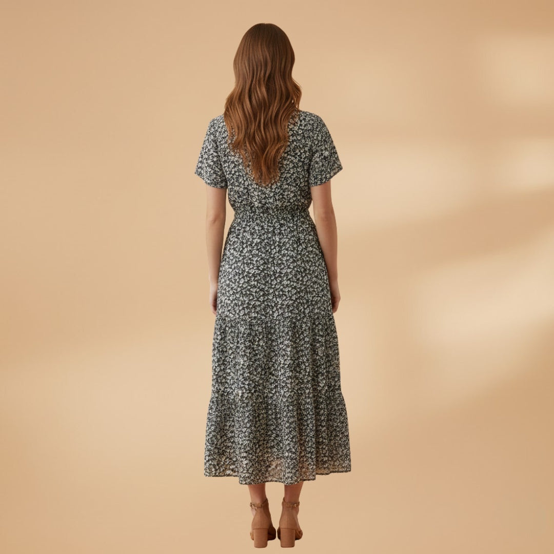 Liliana | Vestido Midi Estampado Floral Mulher Decote V