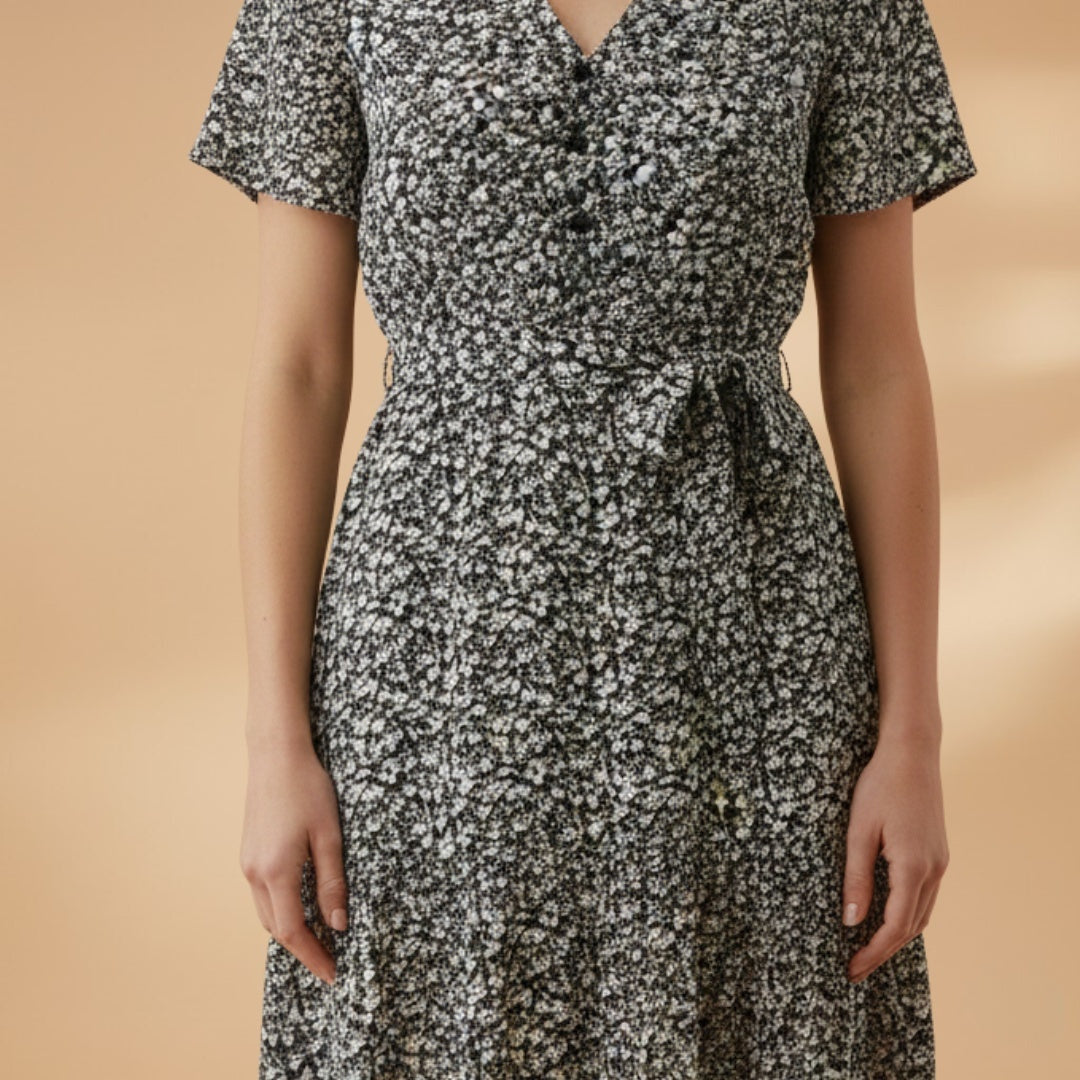 Liliana | Vestido Midi Estampado Floral Mulher Decote V