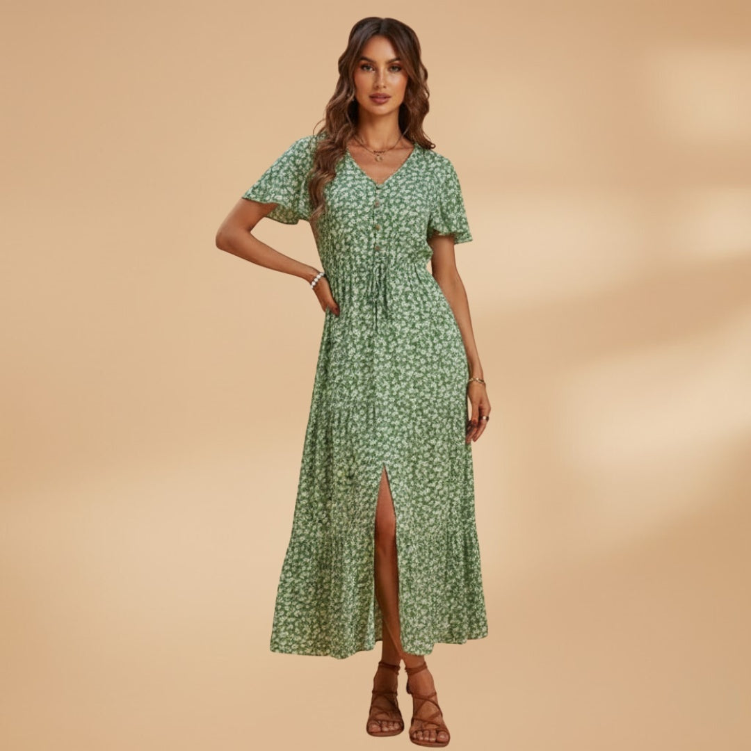 Liliana | Vestido Midi Estampado Floral Mulher Decote V