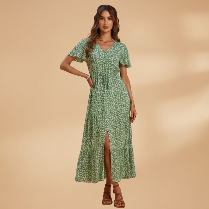 Liliana | Vestido Midi Estampado Floral Mulher Decote V