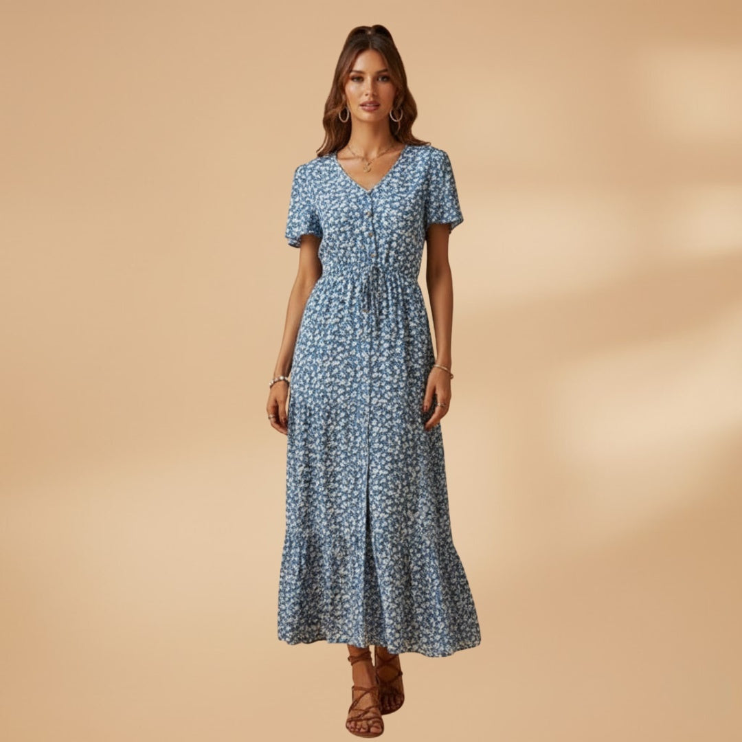 Liliana | Vestido Midi Estampado Floral Mulher Decote V