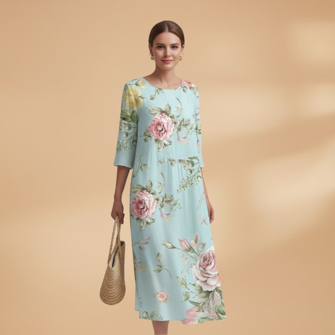 Manuela | Vestido Midi Estampado Floral Mulher Manga 3/4