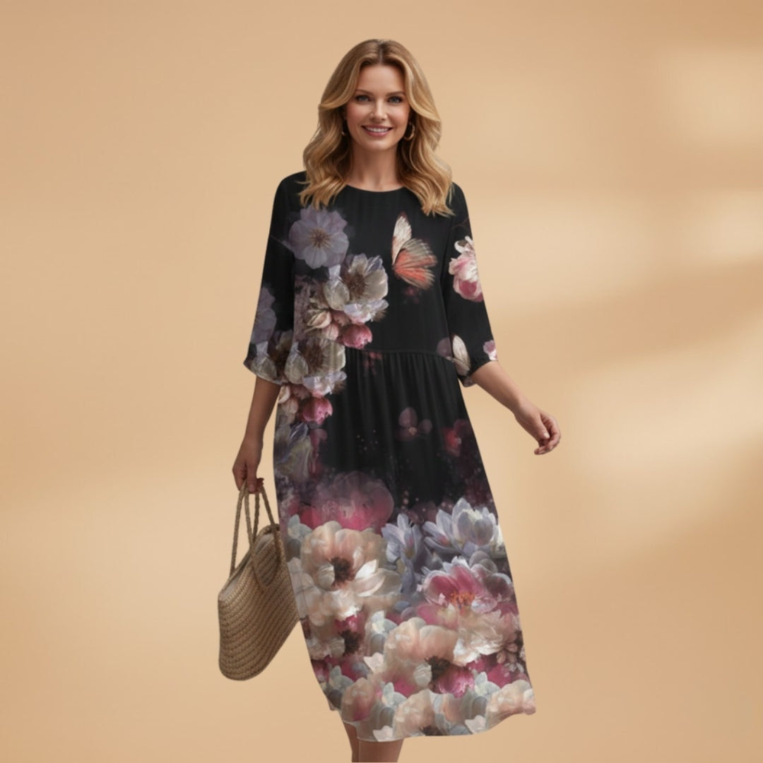 Manuela | Vestido Midi Estampado Floral Mulher Manga 3/4