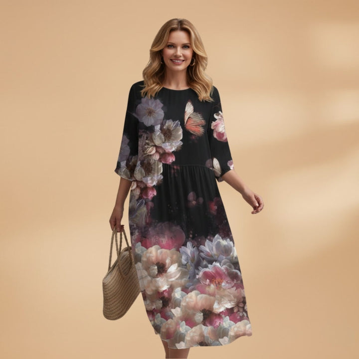 Manuela | Vestido Midi Estampado Floral Mulher Manga 3/4