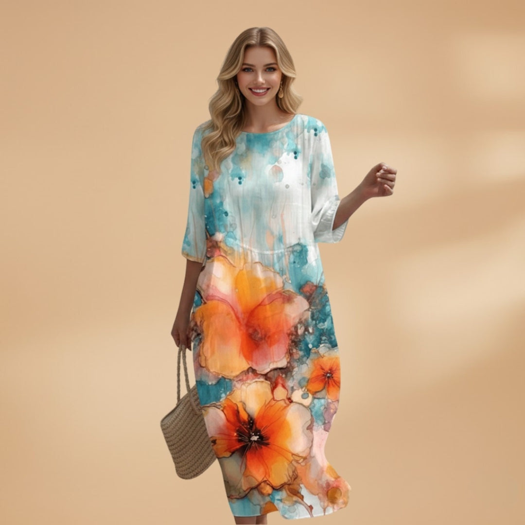 Manuela | Vestido Midi Estampado Floral Mulher Manga 3/4