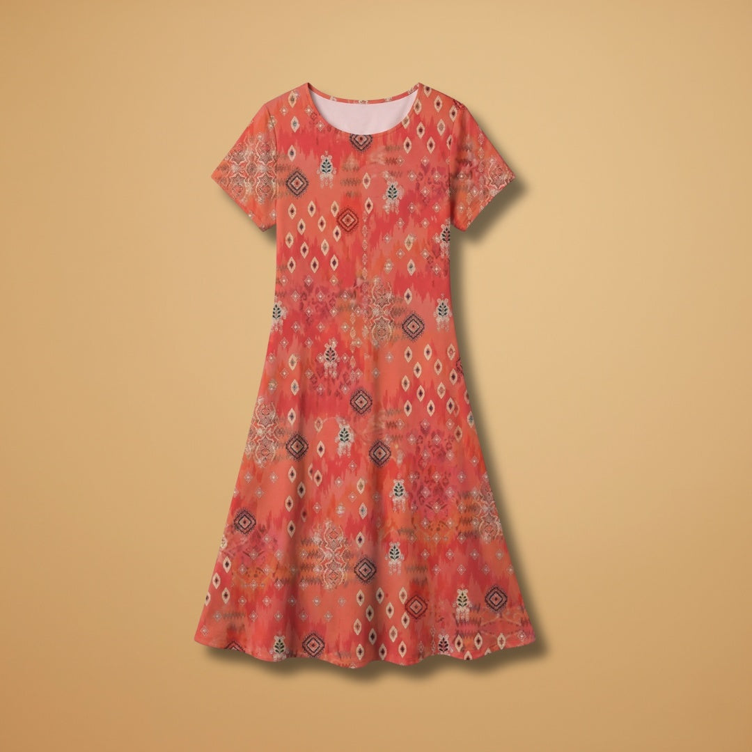 Raquel | Vestido Midi Estampado Geométrico Mulher Manga Curta