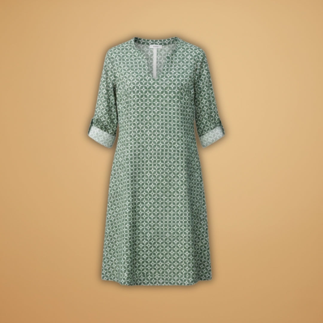 Margarida | Vestido Midi Estampado Geométrico Mulher Manga Curta