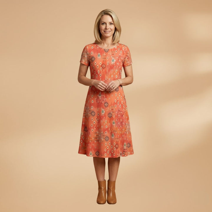 Raquel | Vestido Midi Estampado Geométrico Mulher Manga Curta