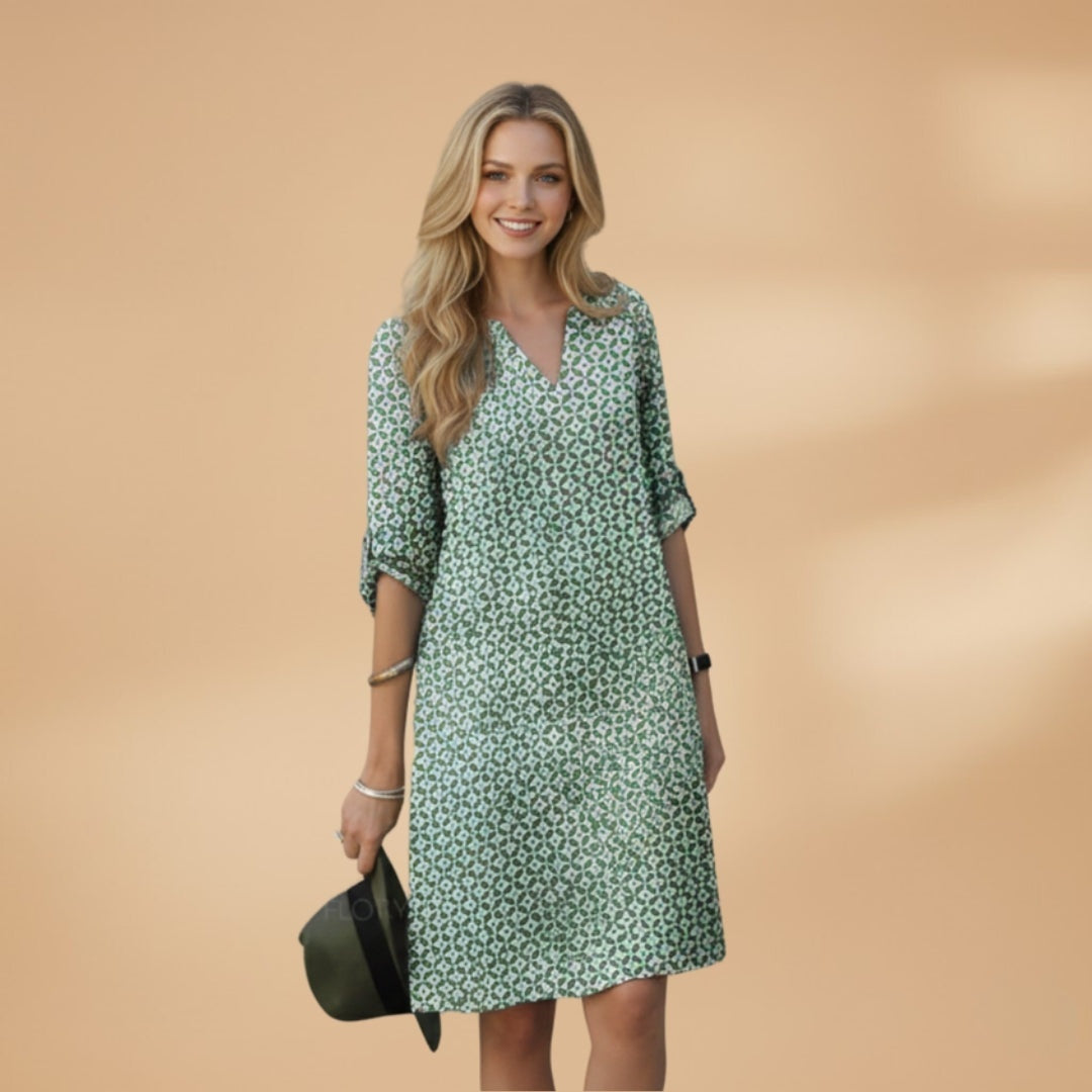 Margarida | Vestido Midi Estampado Geométrico Mulher Manga Curta