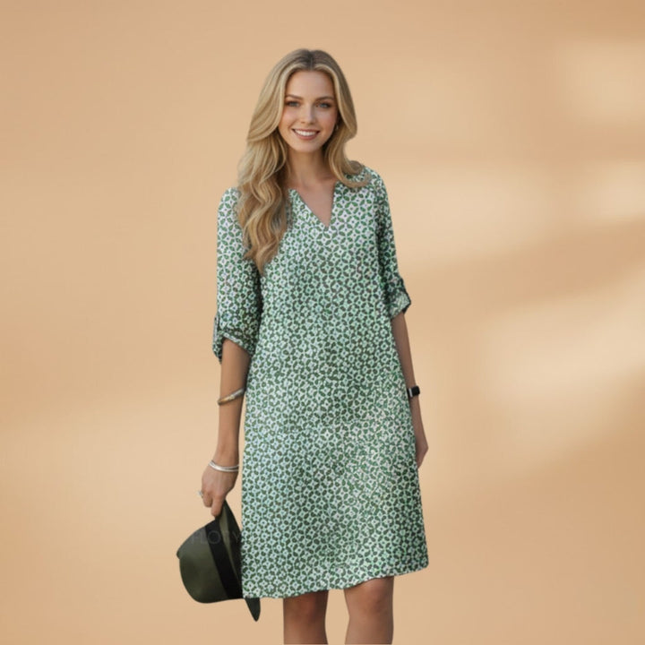 Margarida | Vestido Midi Estampado Geométrico Mulher Manga Curta