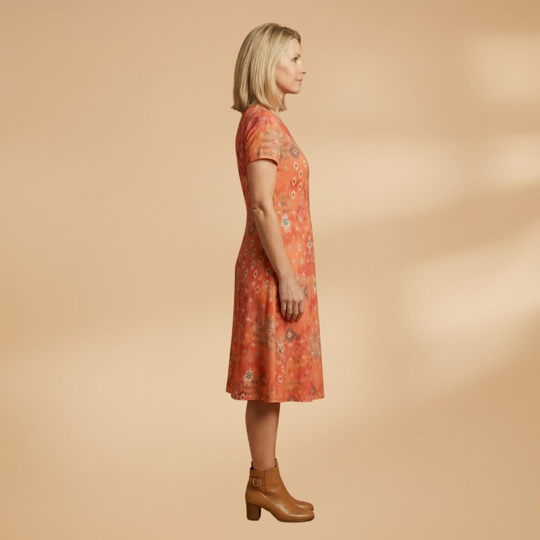 Raquel | Vestido Midi Estampado Geométrico Mulher Manga Curta