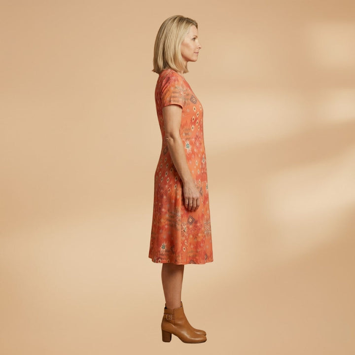 Raquel | Vestido Midi Estampado Geométrico Mulher Manga Curta