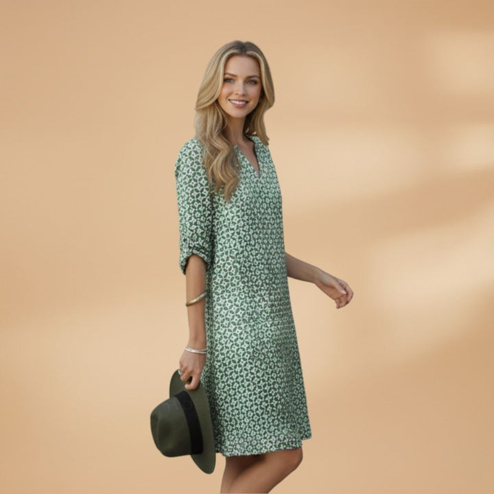 Margarida | Vestido Midi Estampado Geométrico Mulher Manga Curta