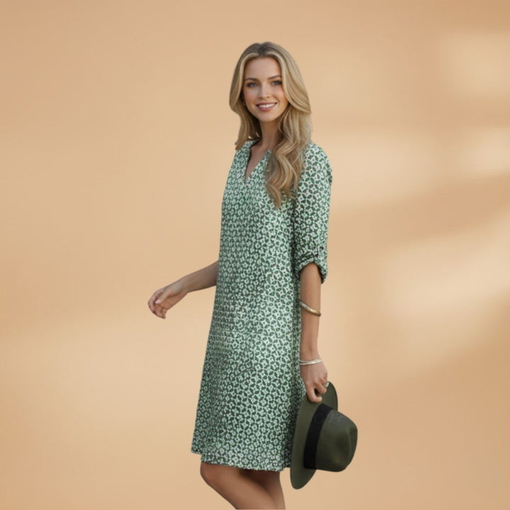 Margarida | Vestido Midi Estampado Geométrico Mulher Manga Curta