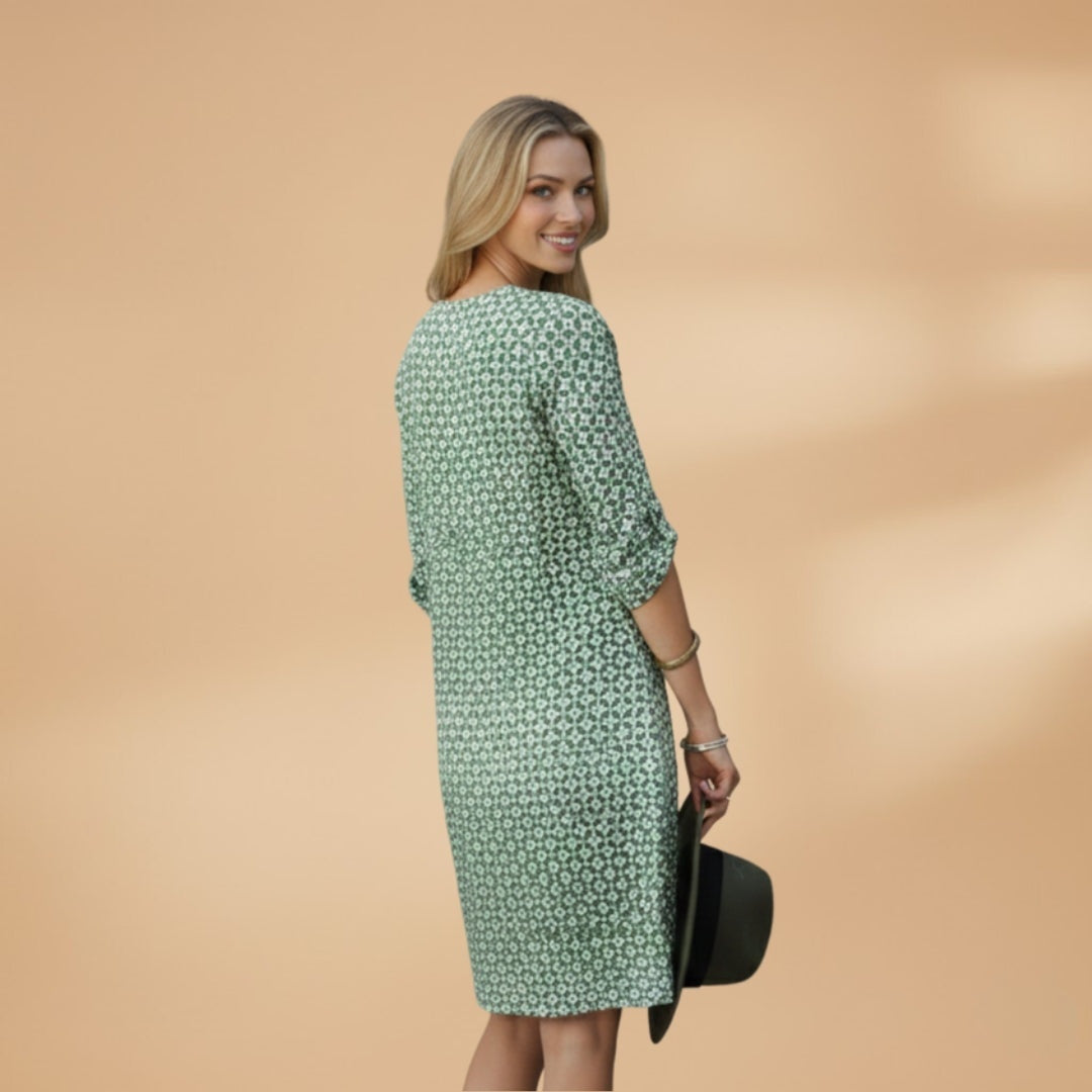 Margarida | Vestido Midi Estampado Geométrico Mulher Manga Curta