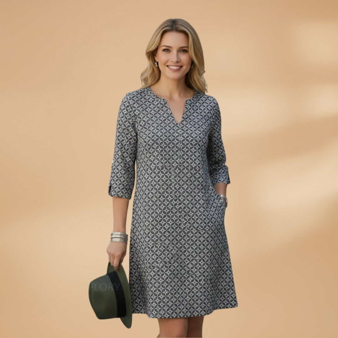 Margarida | Vestido Midi Estampado Geométrico Mulher Manga Curta