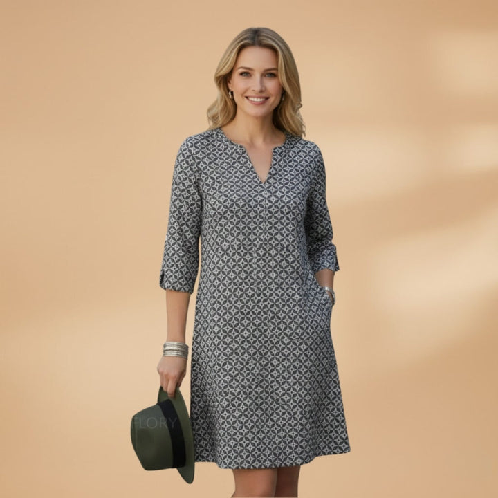 Margarida | Vestido Midi Estampado Geométrico Mulher Manga Curta
