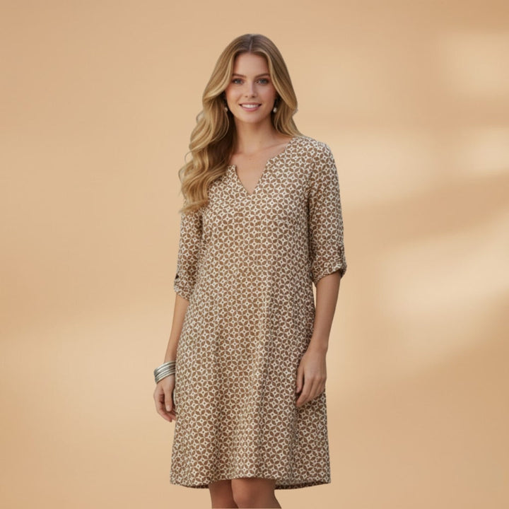 Margarida | Vestido Midi Estampado Geométrico Mulher Manga Curta