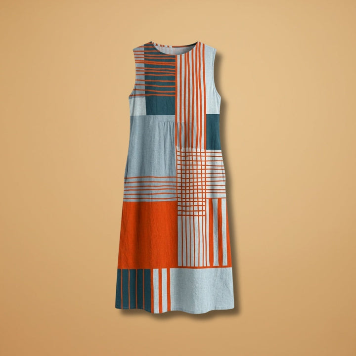 Sofia | Vestido Midi Estampado Geométrico Mulher Sem Mangas