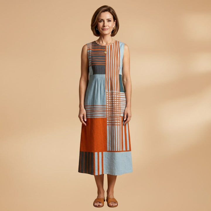 Sofia | Vestido Midi Estampado Geométrico Mulher Sem Mangas