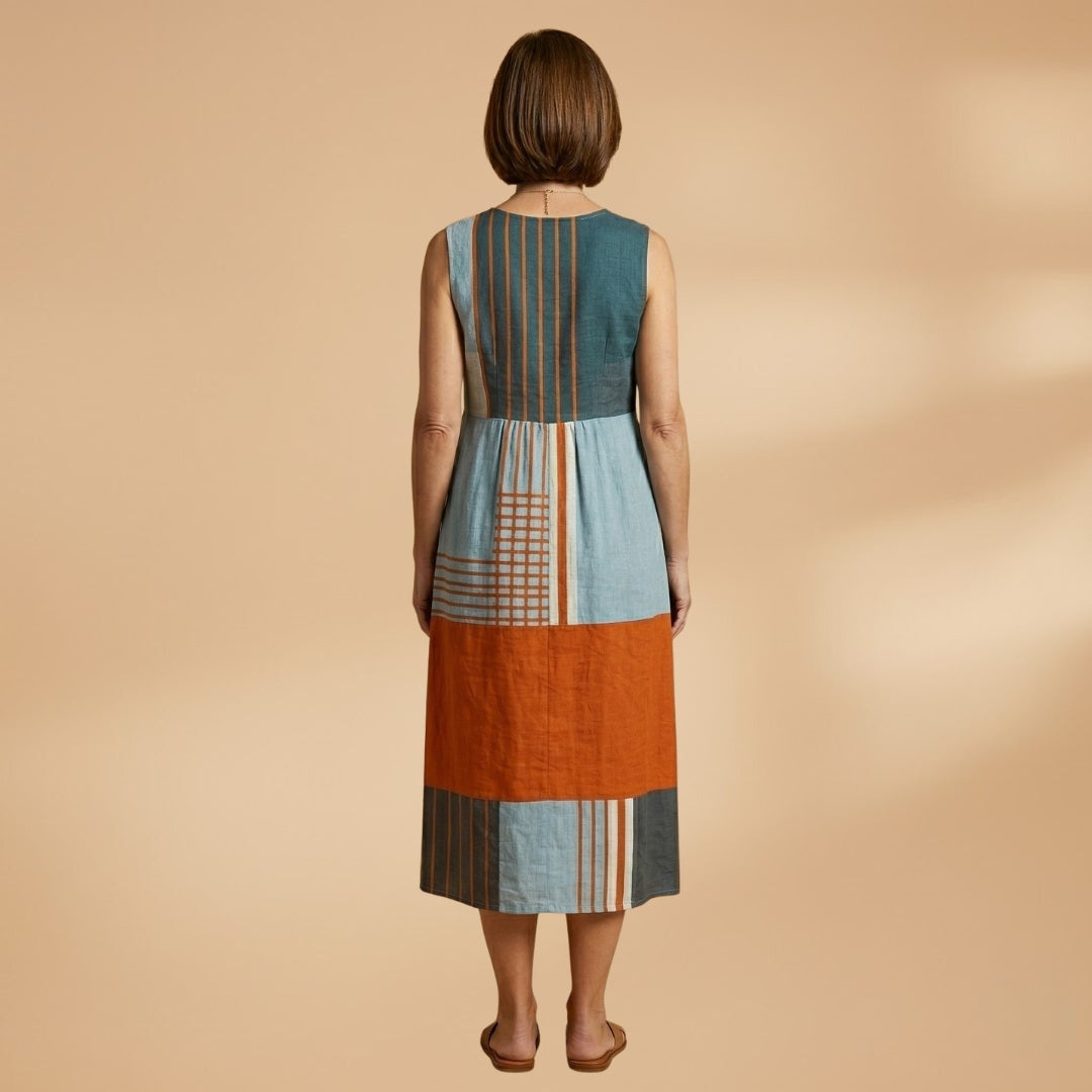 Sofia | Vestido Midi Estampado Geométrico Mulher Sem Mangas