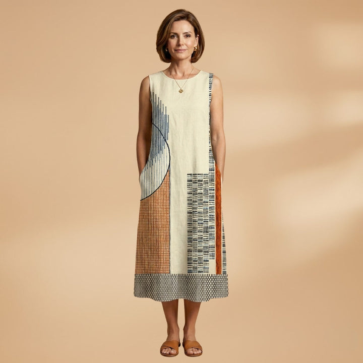 Sofia | Vestido Midi Estampado Geométrico Mulher Sem Mangas