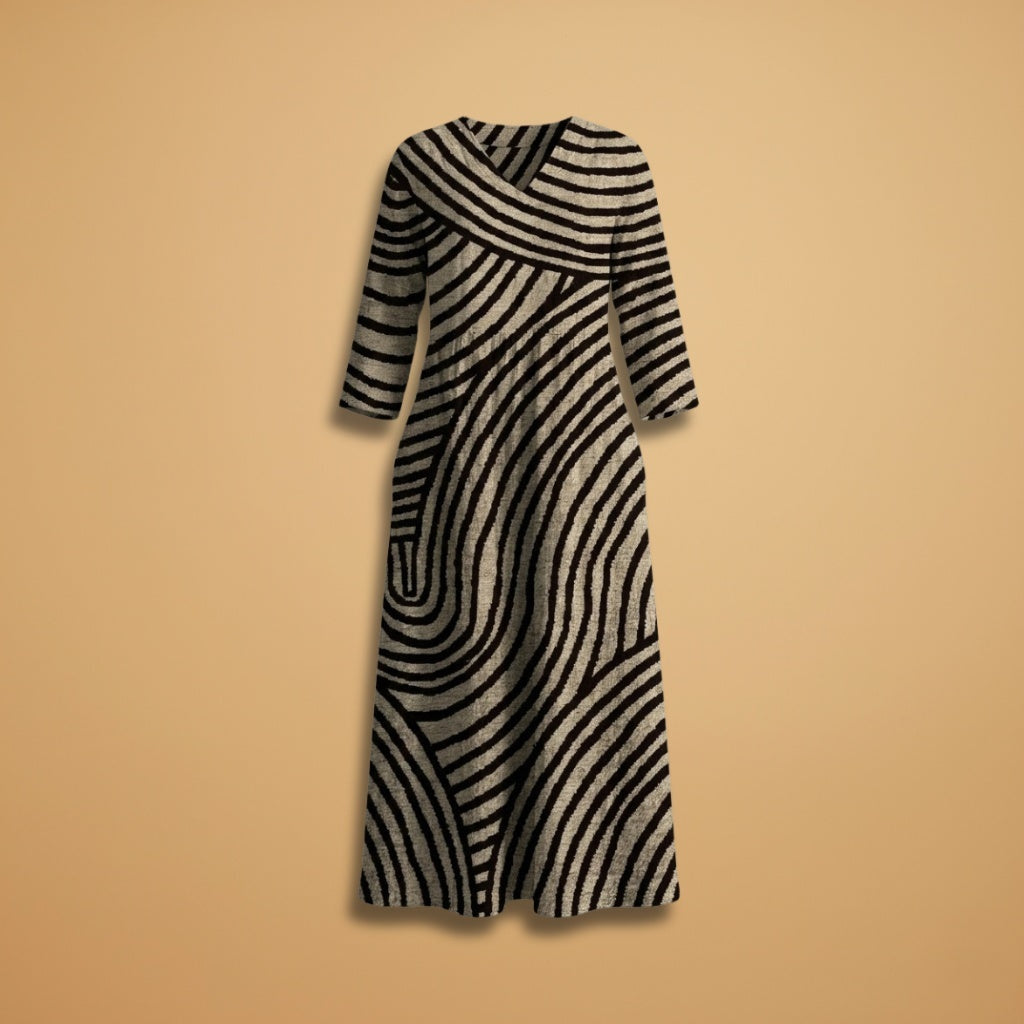 Adriana | Vestido Midi Estampado Listrado Mulher Decote V