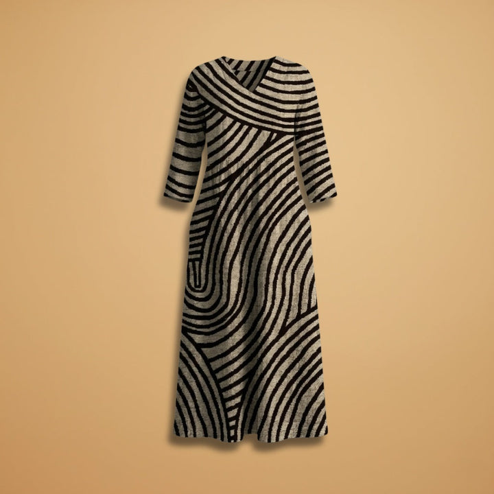 Adriana | Vestido Midi Estampado Listrado Mulher Decote V