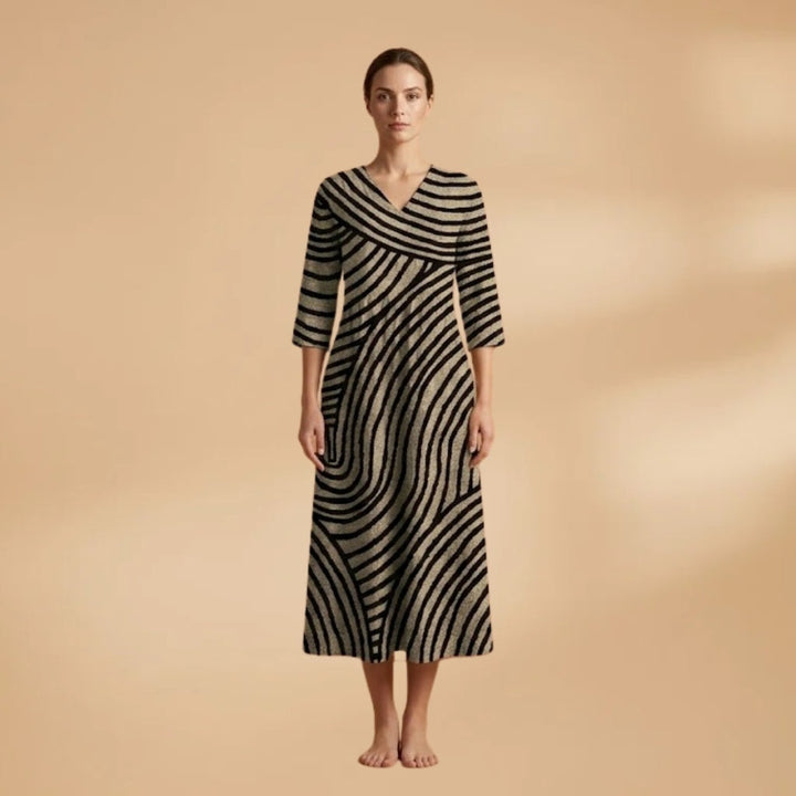 Adriana | Vestido Midi Estampado Listrado Mulher Decote V